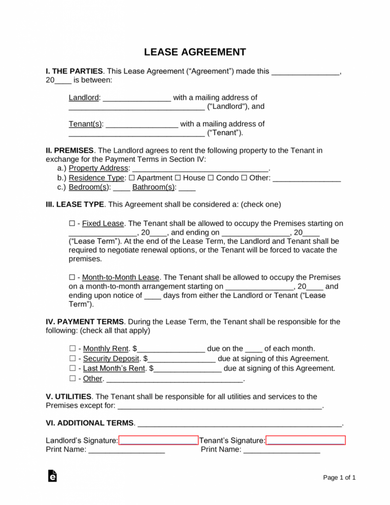 Free Simple 1 Page Lease Agreement Template Sample PDF Word EForms