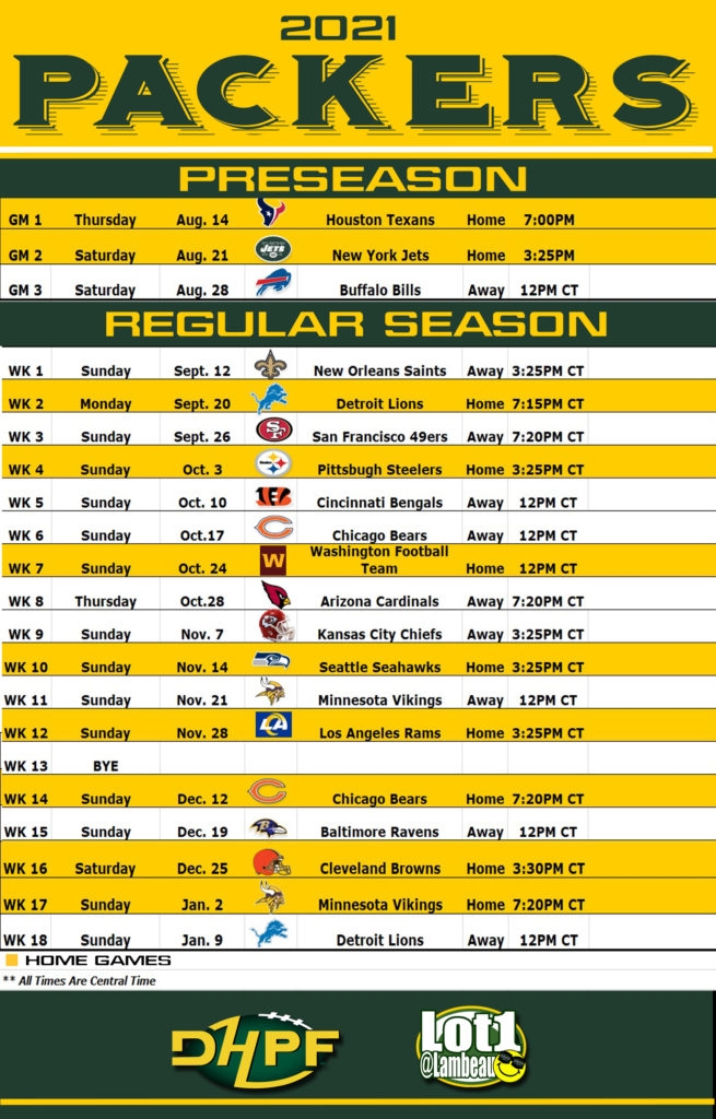 Green Bay Packer Printable Schedule