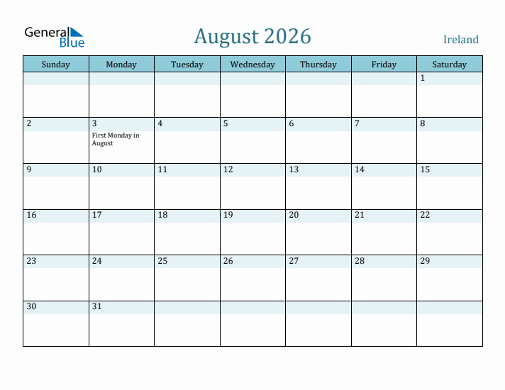 Ireland Holiday Calendar For August 2026
