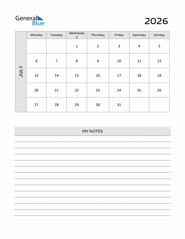 July 2026 Printable Monthly Calendar With Notes