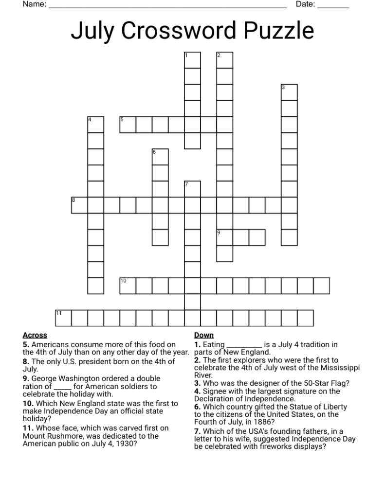 July Crossword Puzzle Printable