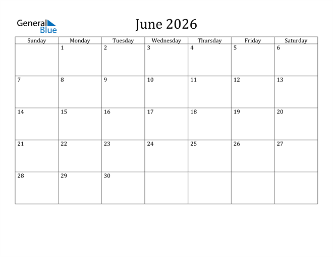 June 2026 Calendar PDF Word Excel