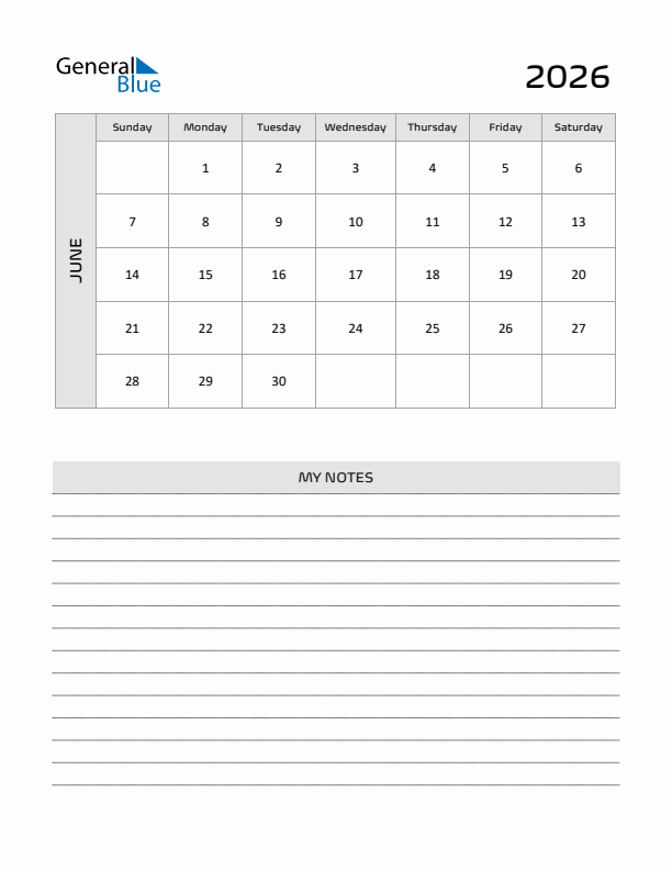 June 2026 Printable Monthly Calendar With Notes