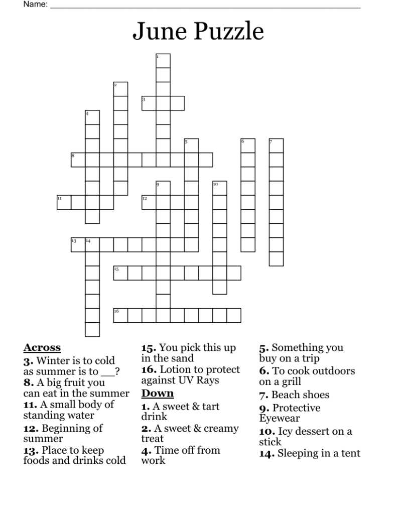 June Crossword Puzzle Printable