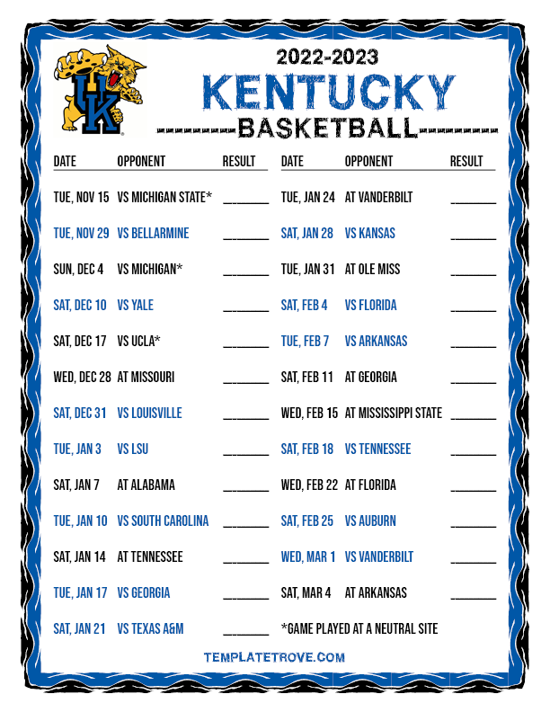 Kentucky Basketball Printable Schedule 2023 24