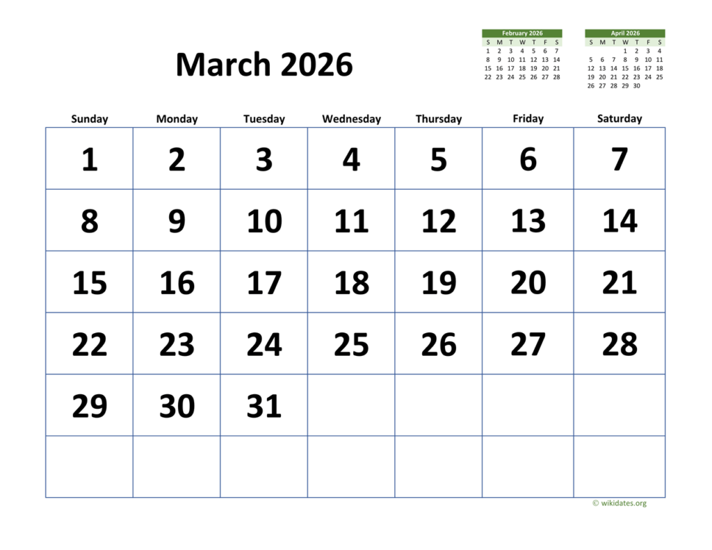 March 2026 Calendar With Extra large Dates WikiDates