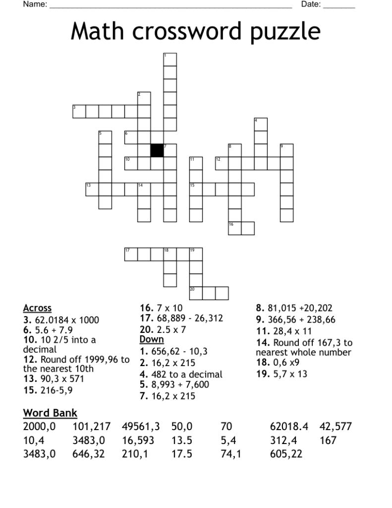 Math Crossword Puzzles Free Printable