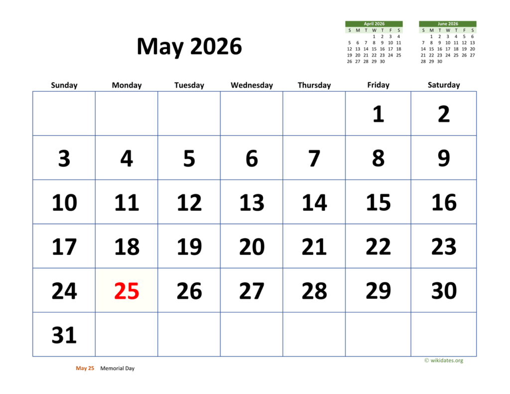 May 2026 Calendar With Extra large Dates WikiDates