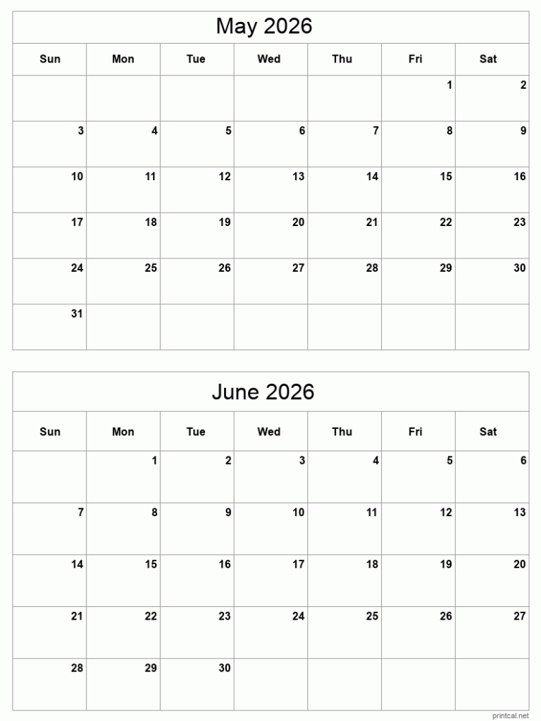 May To June 2026 Printable Calendar Two Months Per Page Printable 