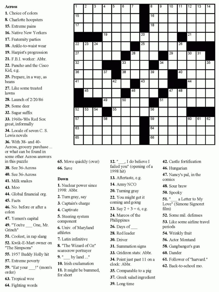 Medium Difficulty Printable Crossword Puzzles