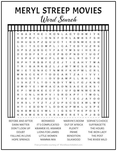 Meryl Streep Movies Printable Word Search Puzzle Word Search Addict