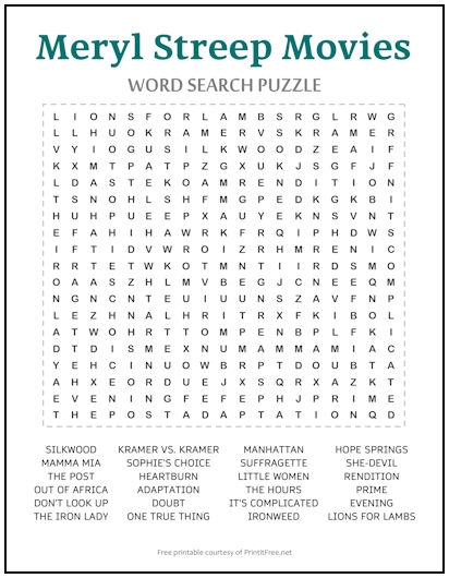 Meryl Streep Movies Word Search Puzzle Print It Free