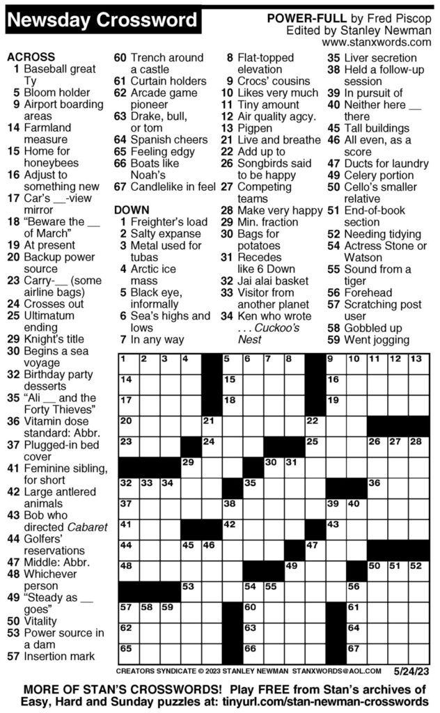 Newsday Crossword Puzzle For May 24 2023 By Stanley Newman Creators 