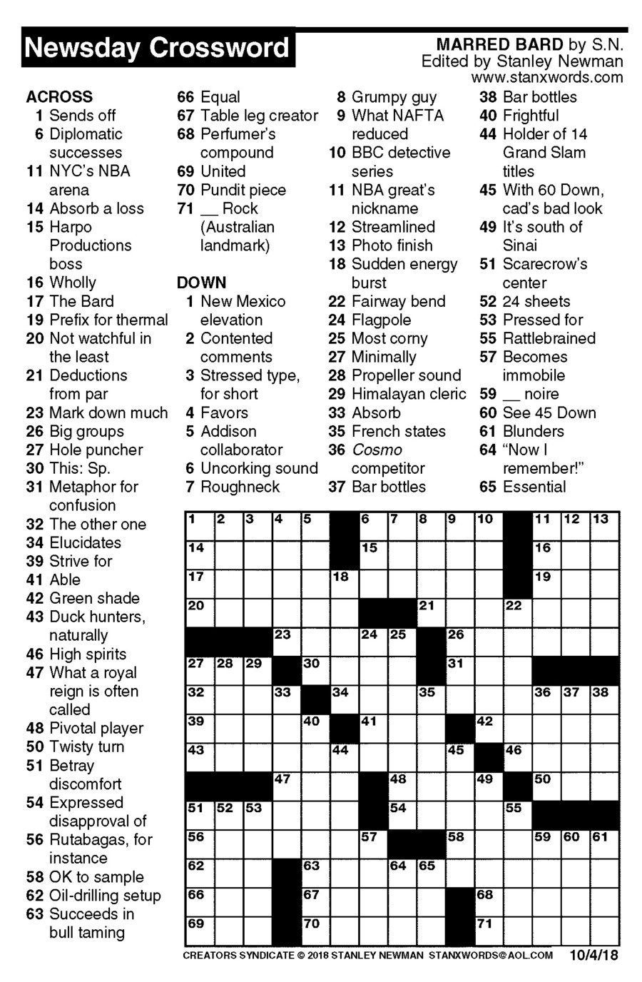 Newsday Printable Crossword Puzzles