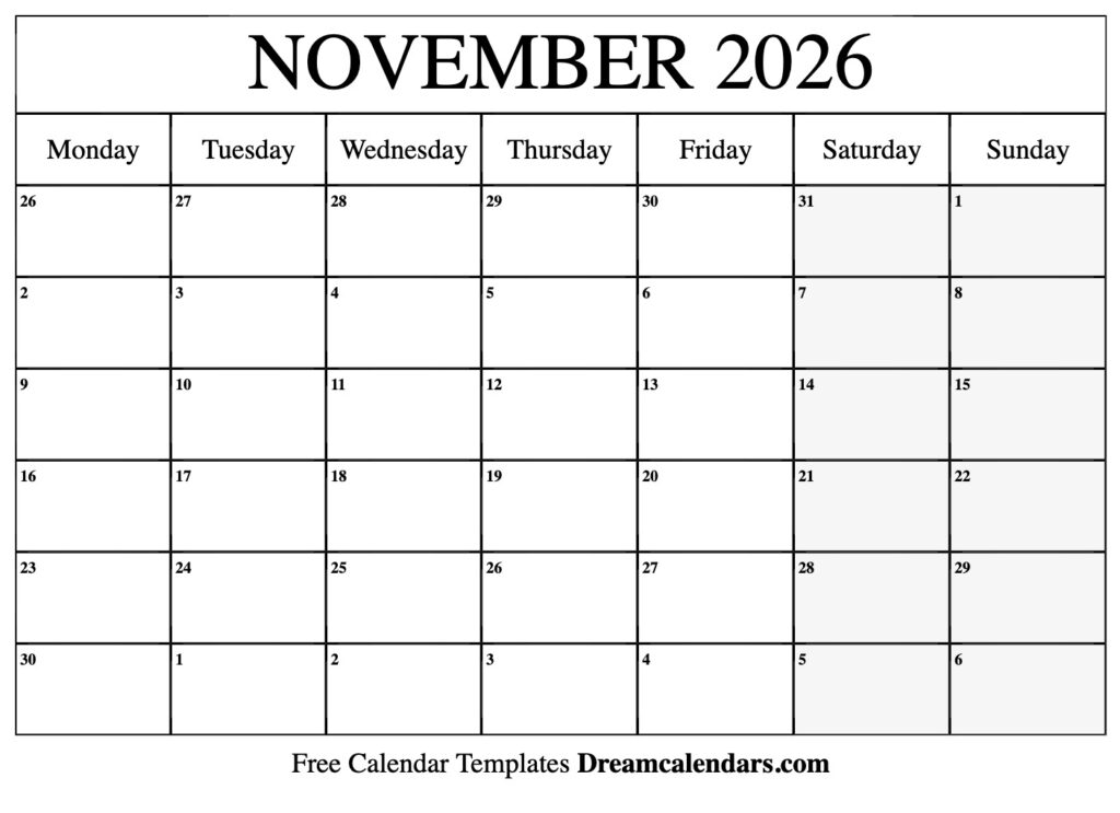 November 2026 Calendar Free Printable With Holidays And Observances