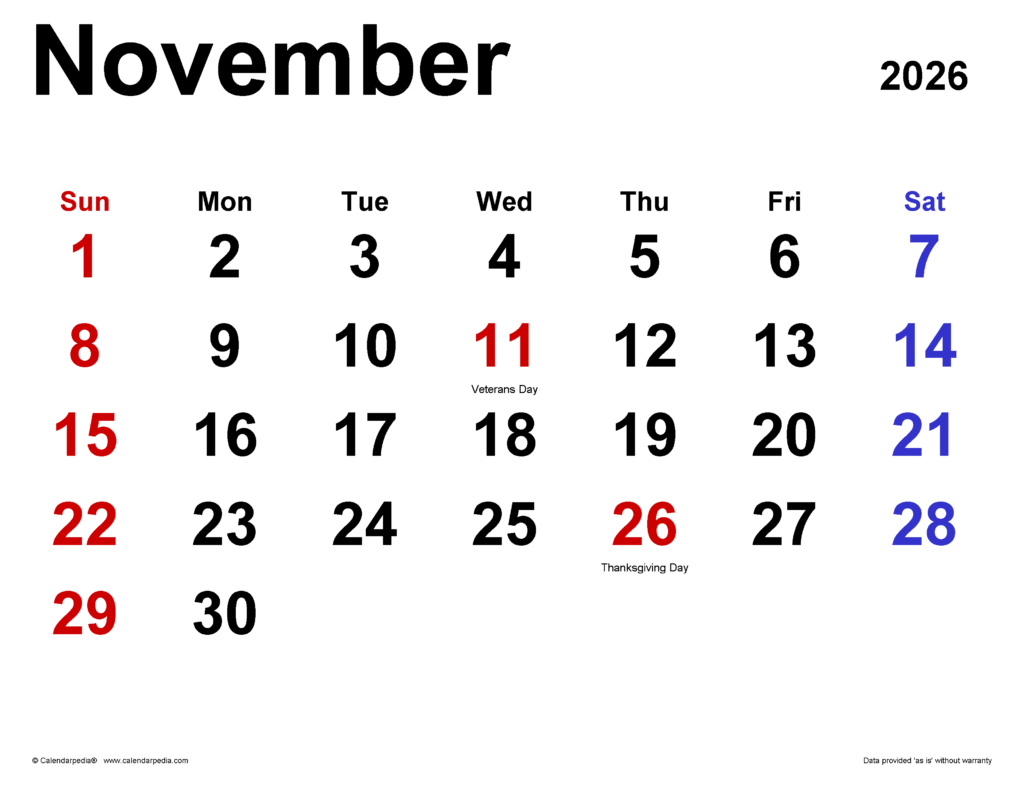 November 2026 Calendar Templates For Word Excel And PDF