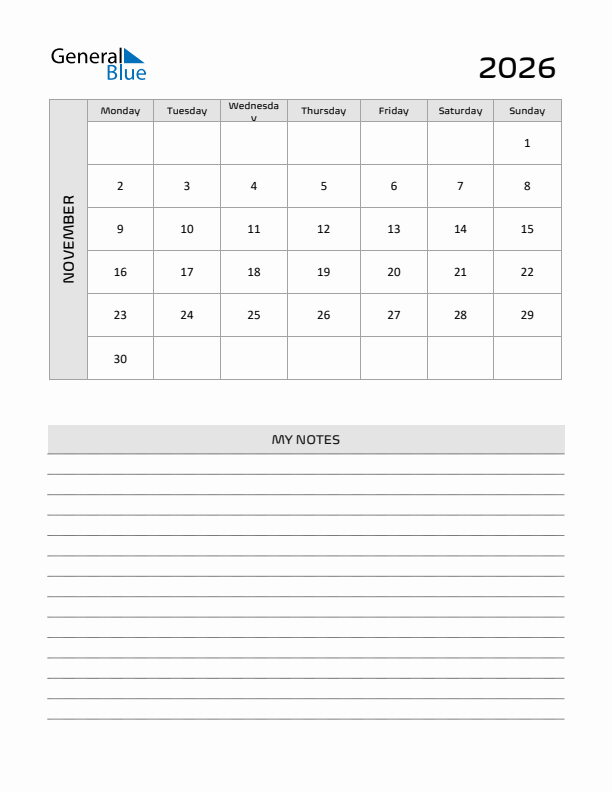 November 2026 Printable Monthly Calendar With Notes