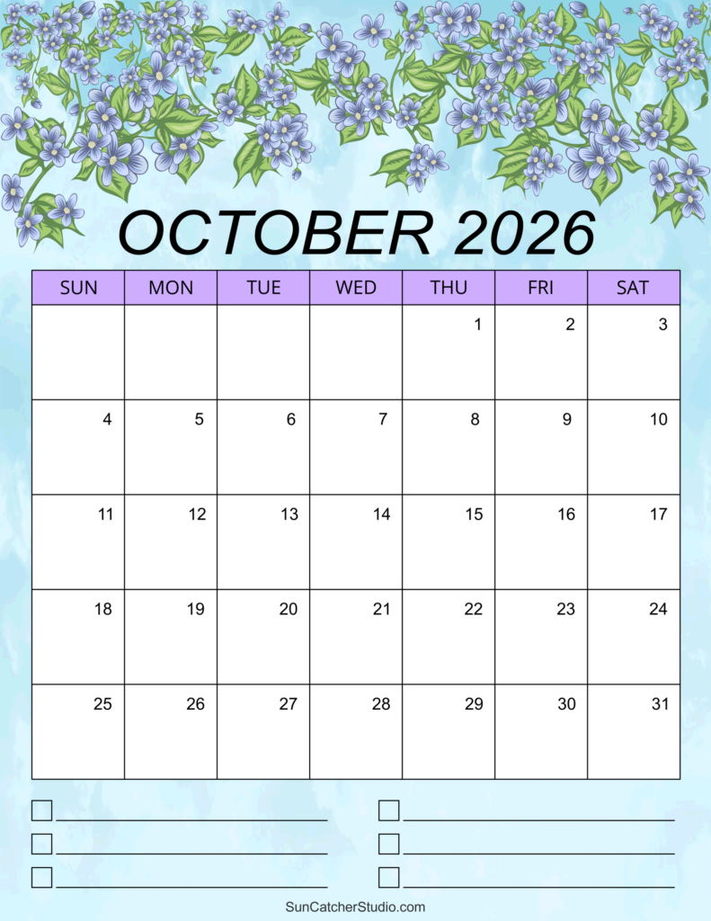 October 2026 Calendar Free Printable DIY Projects Patterns