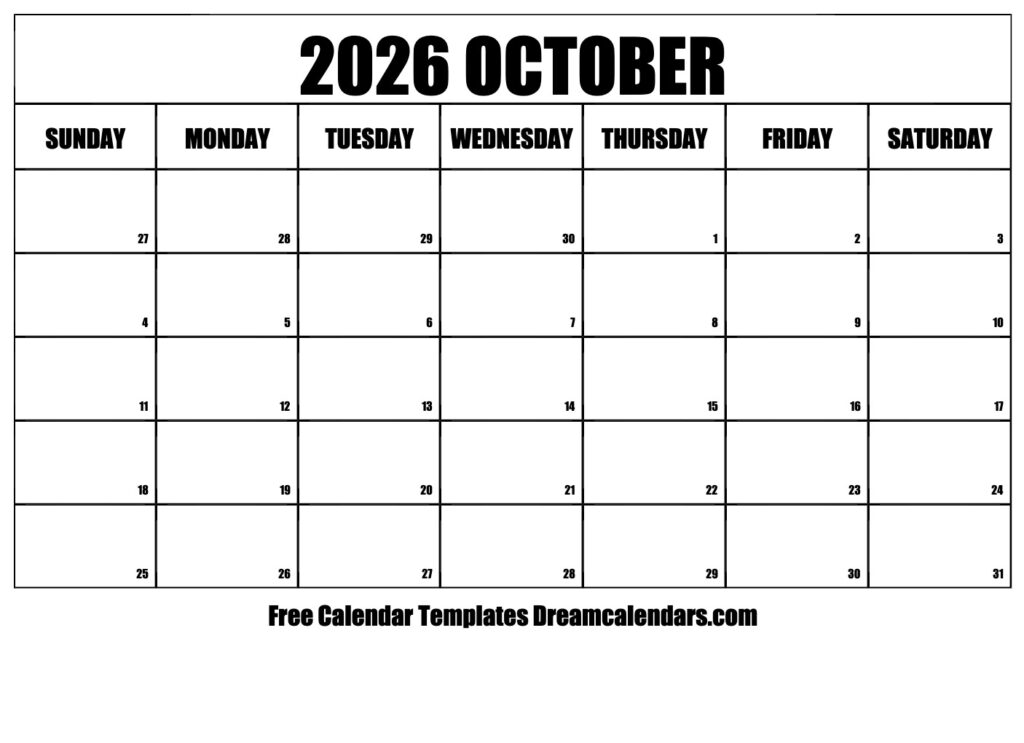 October 2026 Calendar Free Printable With Holidays And Observances