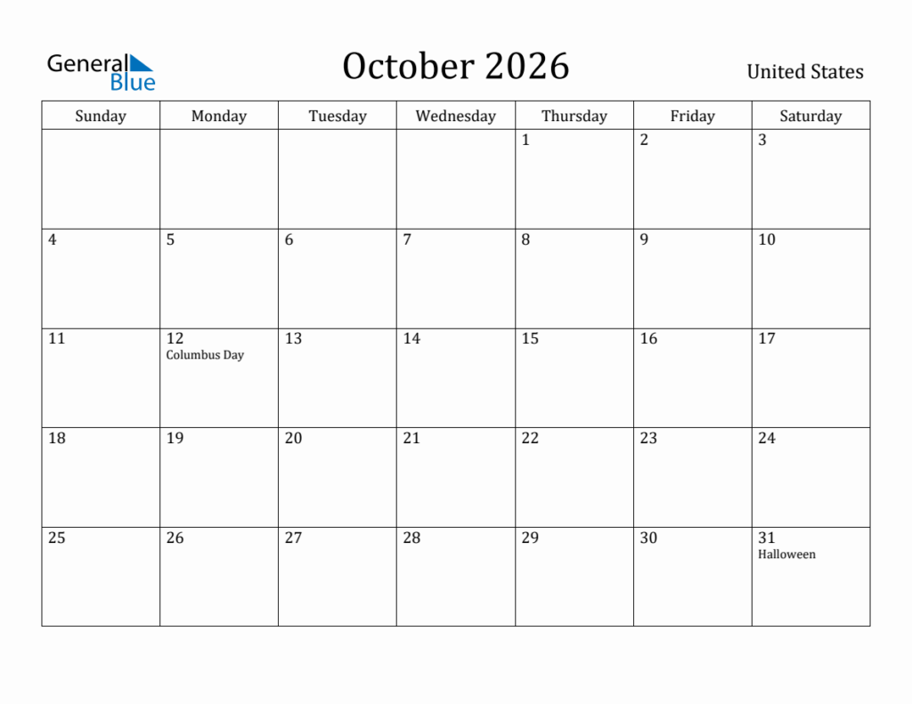 October 2026 Monthly Calendar With United States Holidays