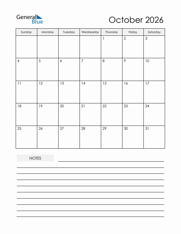 October 2026 Monthly Planner Calendar