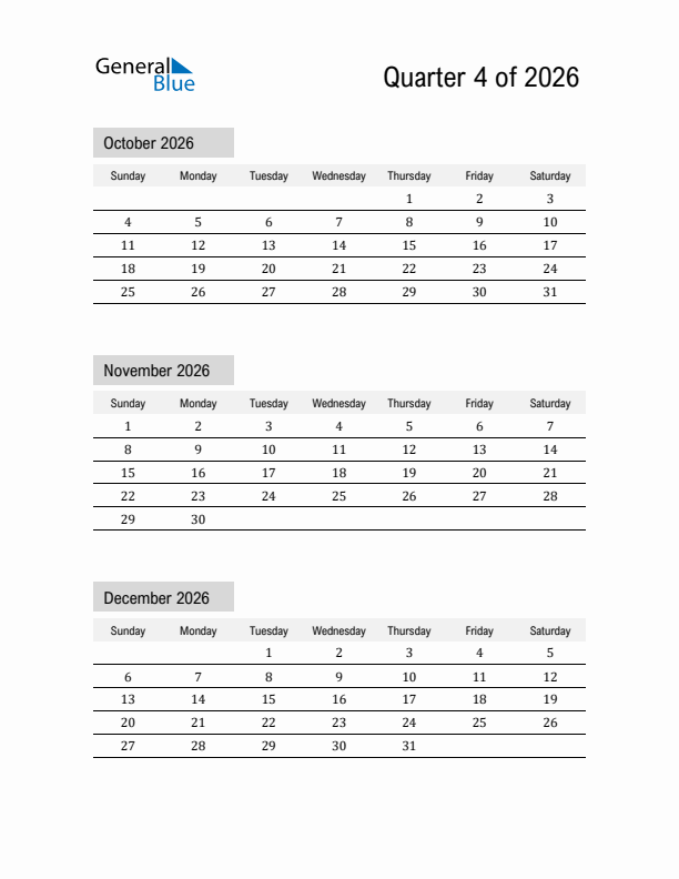 October November And December 2026 Calendar Template