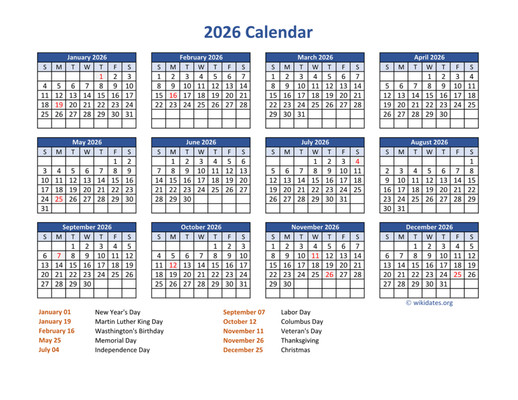 PDF Calendar 2026 With Federal Holidays WikiDates