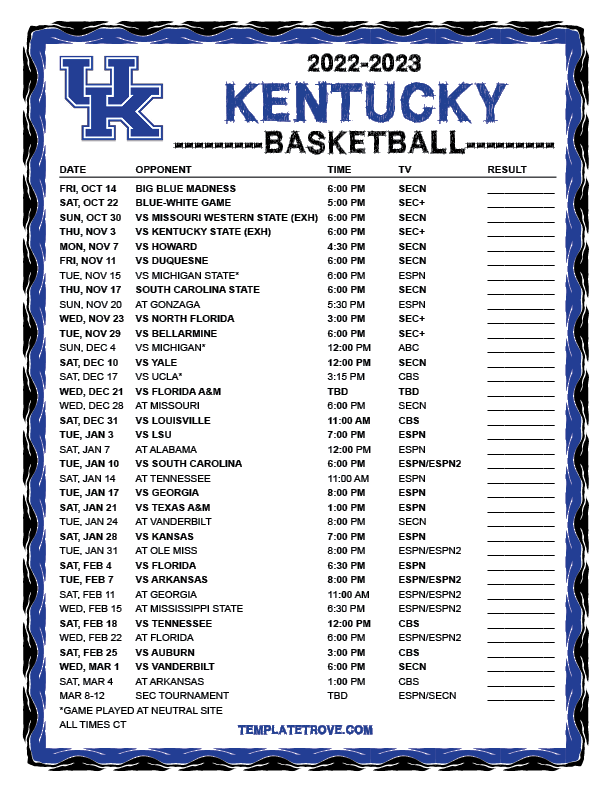 Printable 2022 2023 Kentucky Wildcats Basketball Schedule