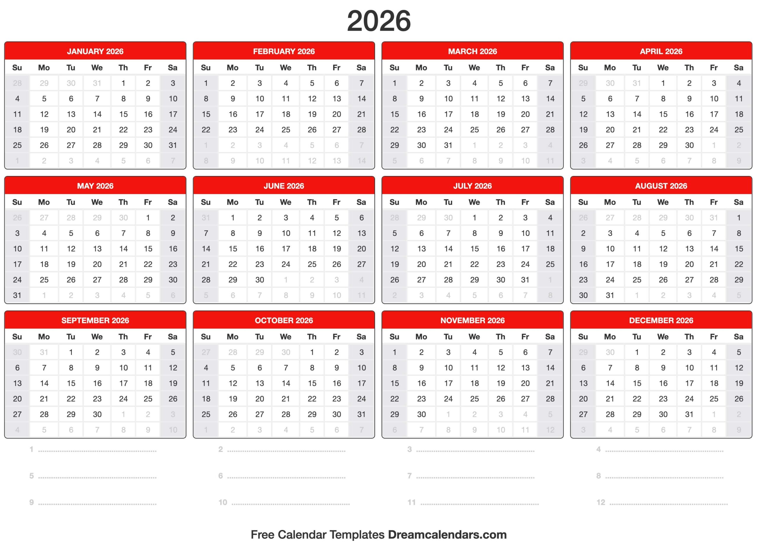 Printable 2026 Calendar