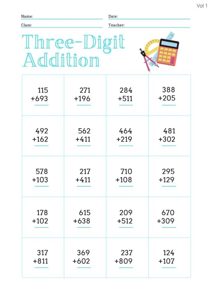 Printable And Downloadable Three digit Addition Worksheets 4 Unique