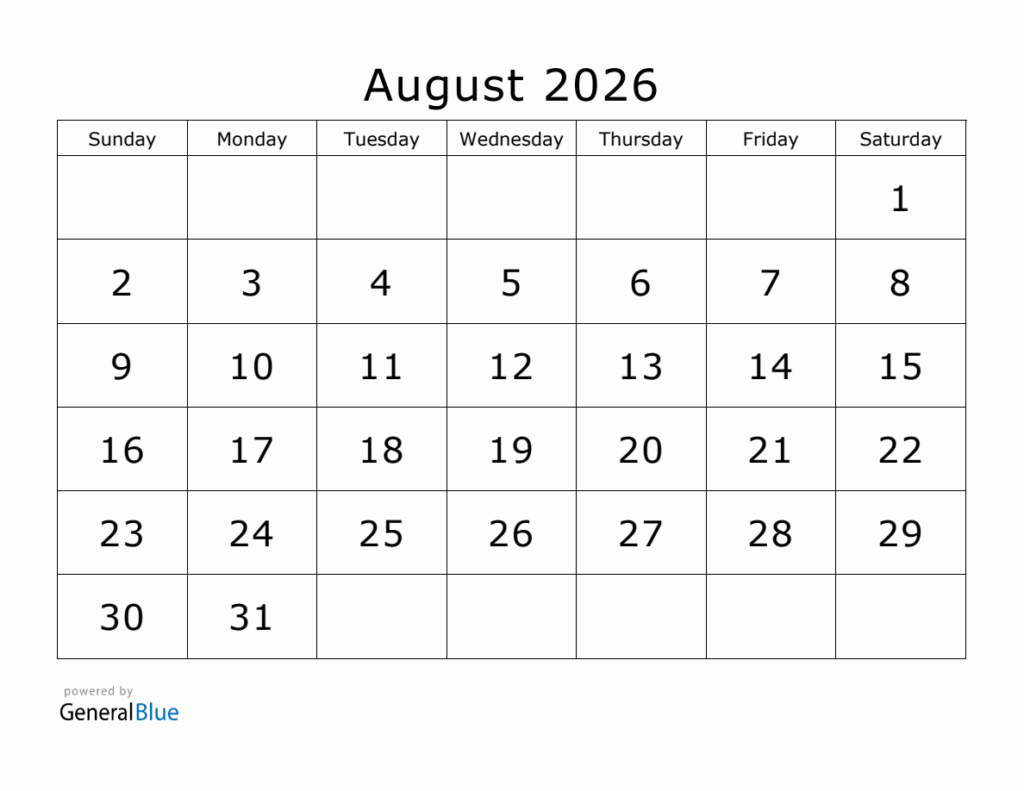 Printable August 2026 Calendar