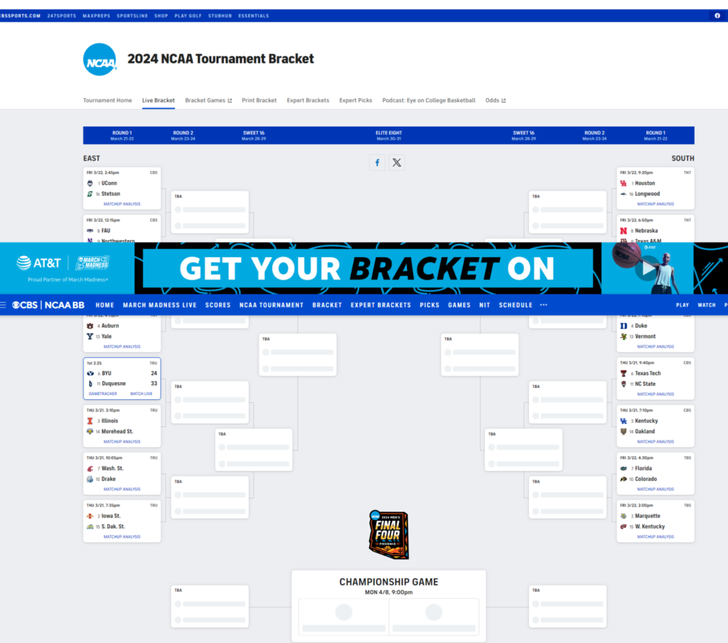 Printable College Basketball Brackets PDF For March Madness Interbasket