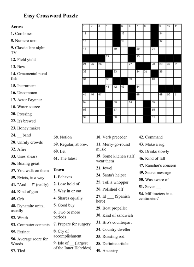 Printable Crossword Puzzles For Kids Pdf