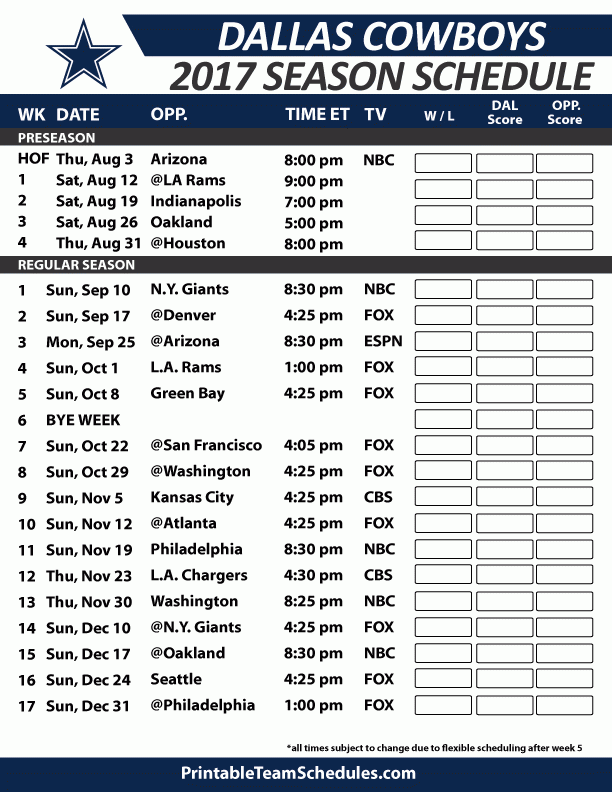 Printable Dallas Cowboys Schedule