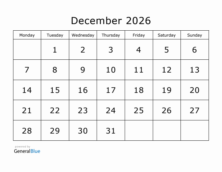 Printable December 2026 Calendar