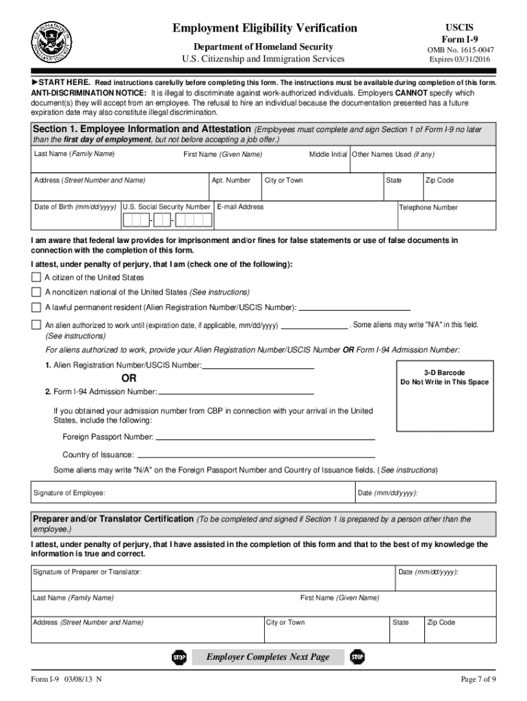 Printable I 9 Form Fill Online Printable Fillable Blank PdfFiller