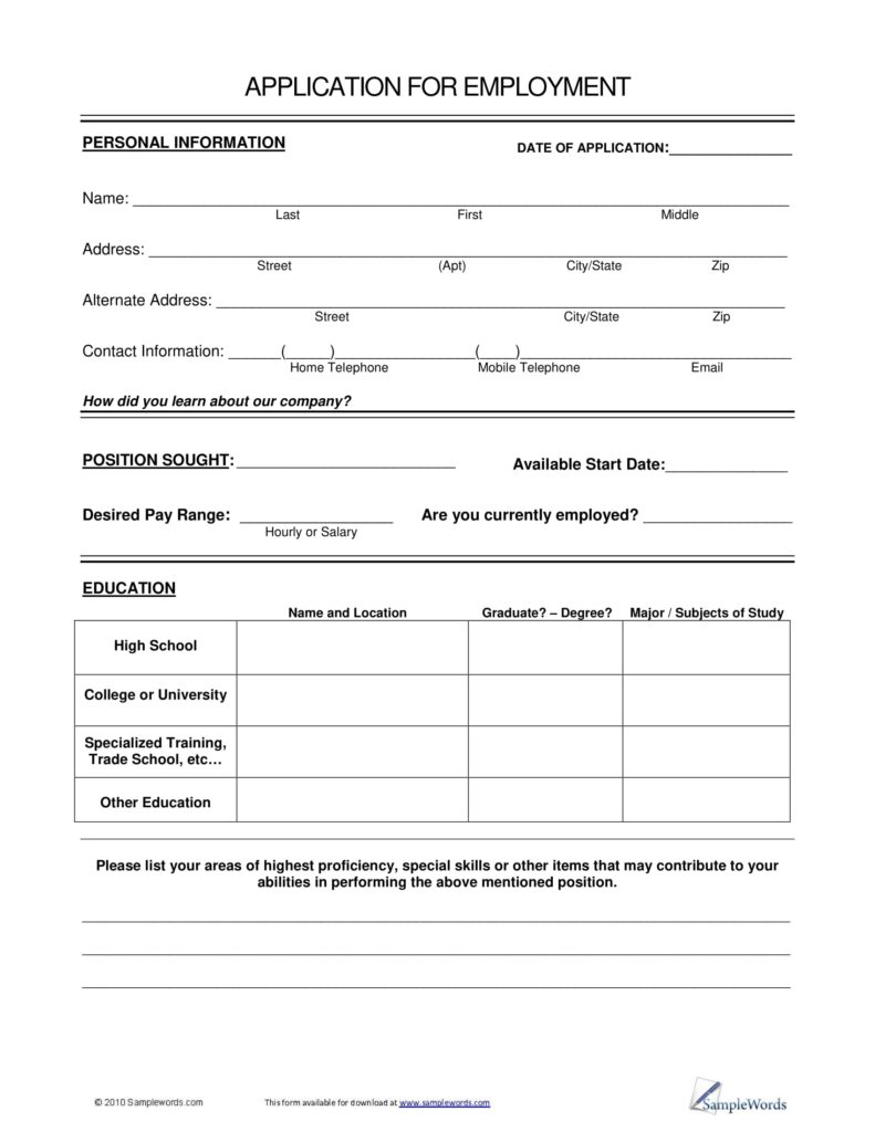 Printable Job Application Free