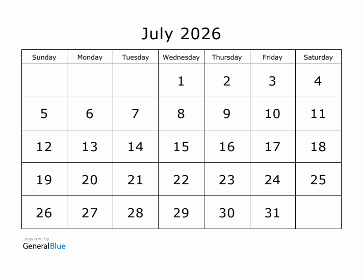 Printable July 2026 Calendar