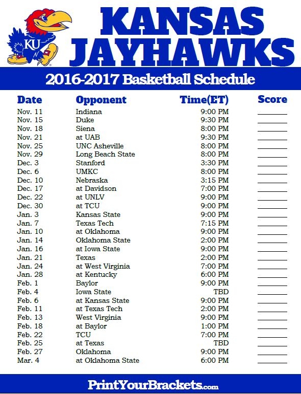 Printable Ku Basketball Schedule 2023 24