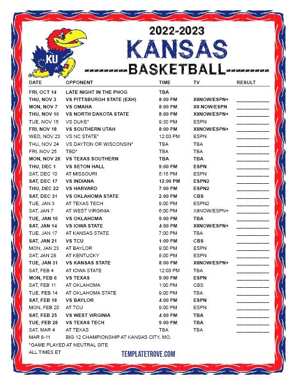 Printable Ku Men s Basketball Schedule