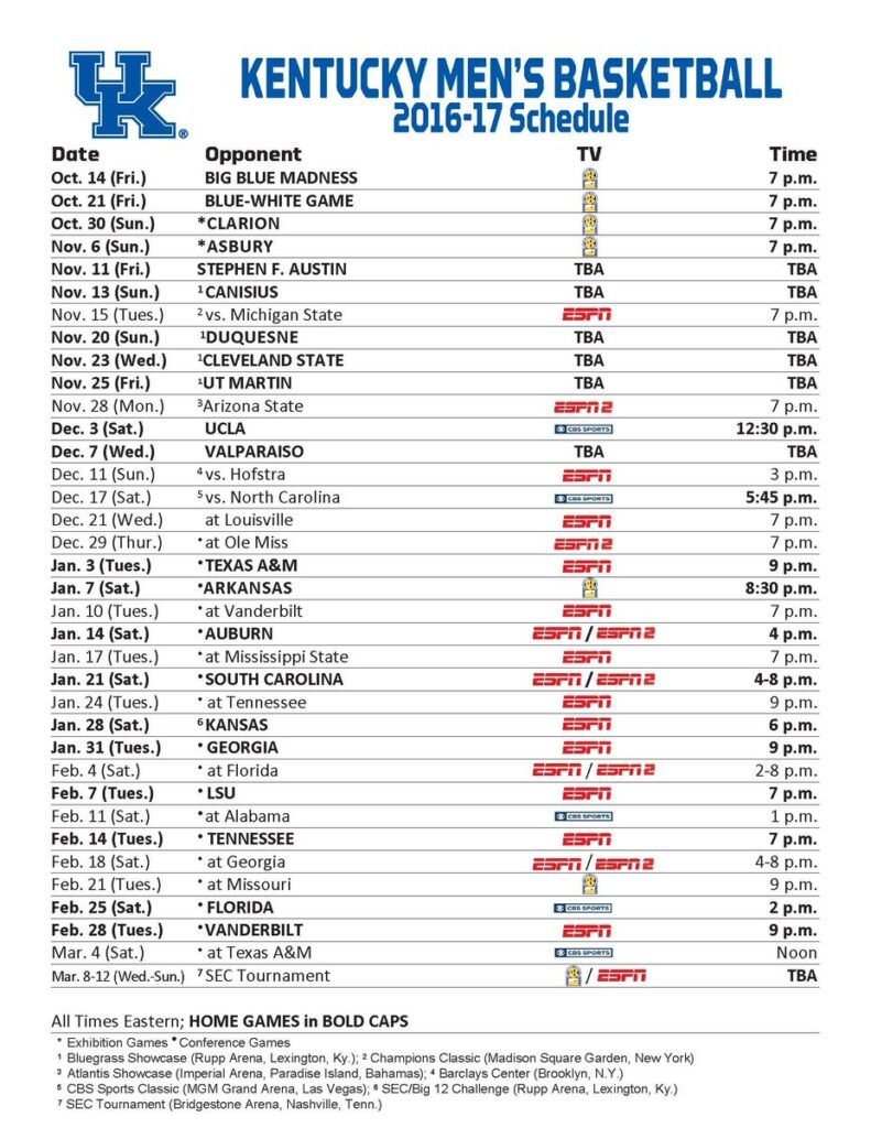 Printable Ky Men s Basketball Schedule