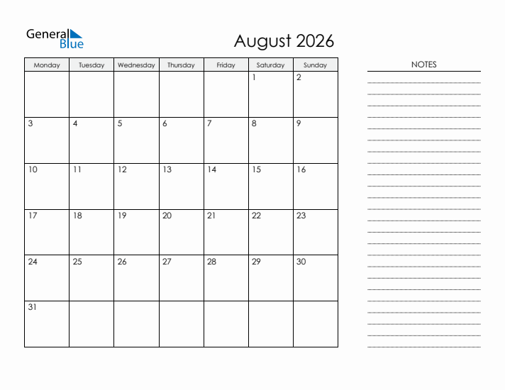 Printable Monthly Calendar With Notes August 2026