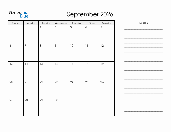 Printable Monthly Calendar With Notes September 2026