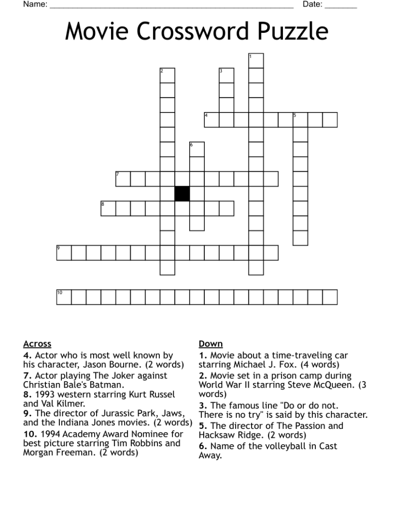 Printable Movie Crossword Puzzles