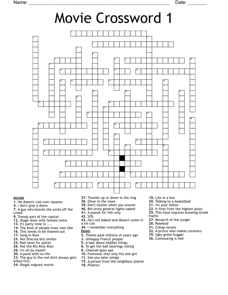 Printable Movie Crossword Puzzles