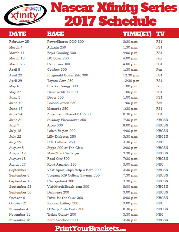 Printable Nascar Xfinity Series Schedule Nascar Xfinity Schedule