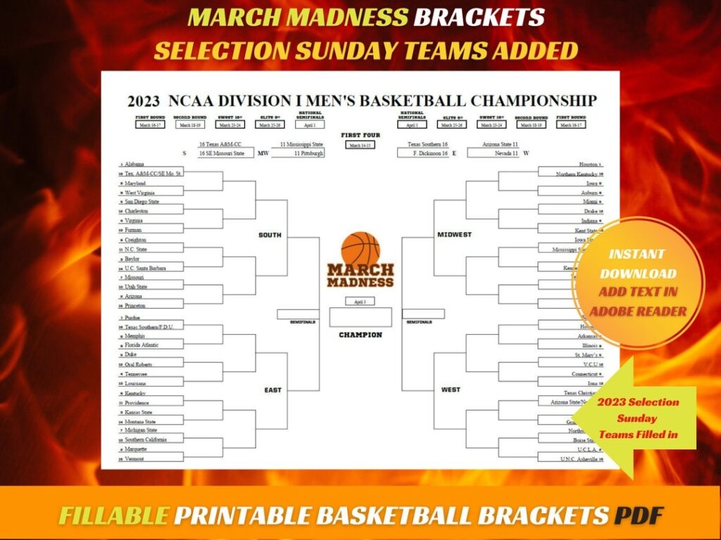 Printable NCAA Basketball Bracket March Madness Template Editable PDF 