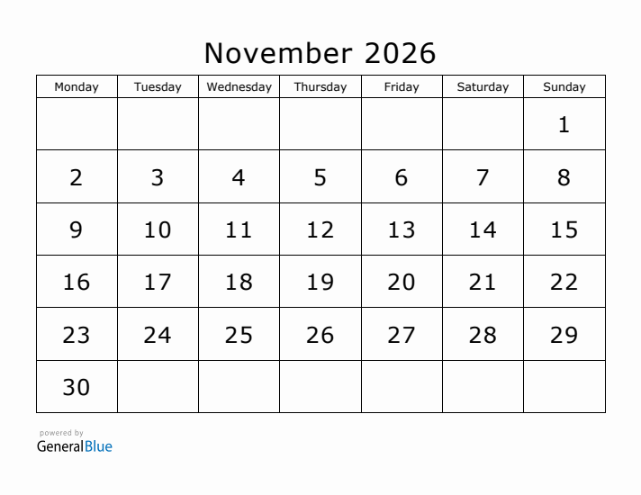 Printable November 2026 Calendar