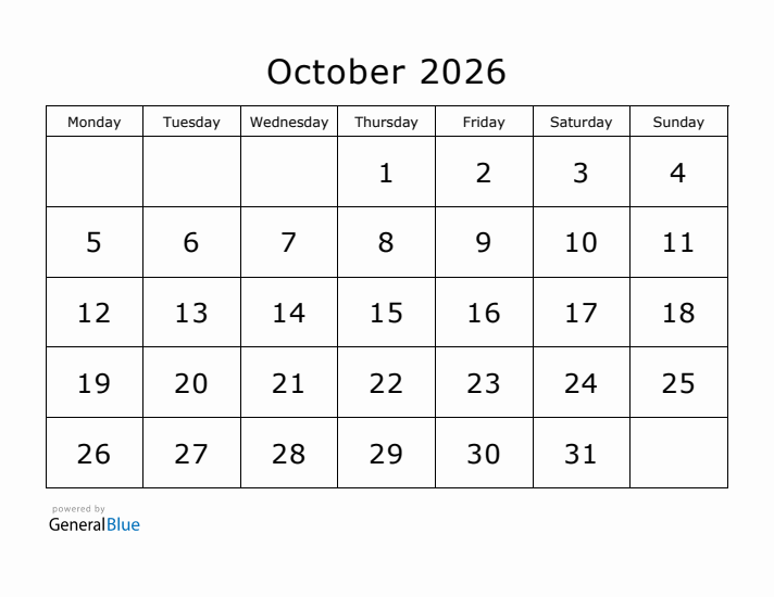 Printable October 2026 Calendar