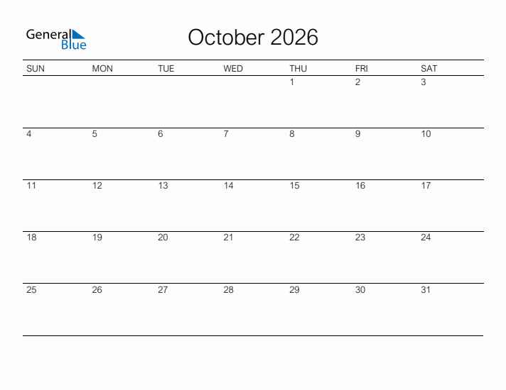 Printable October 2026 Monthly Calendar Sunday Start